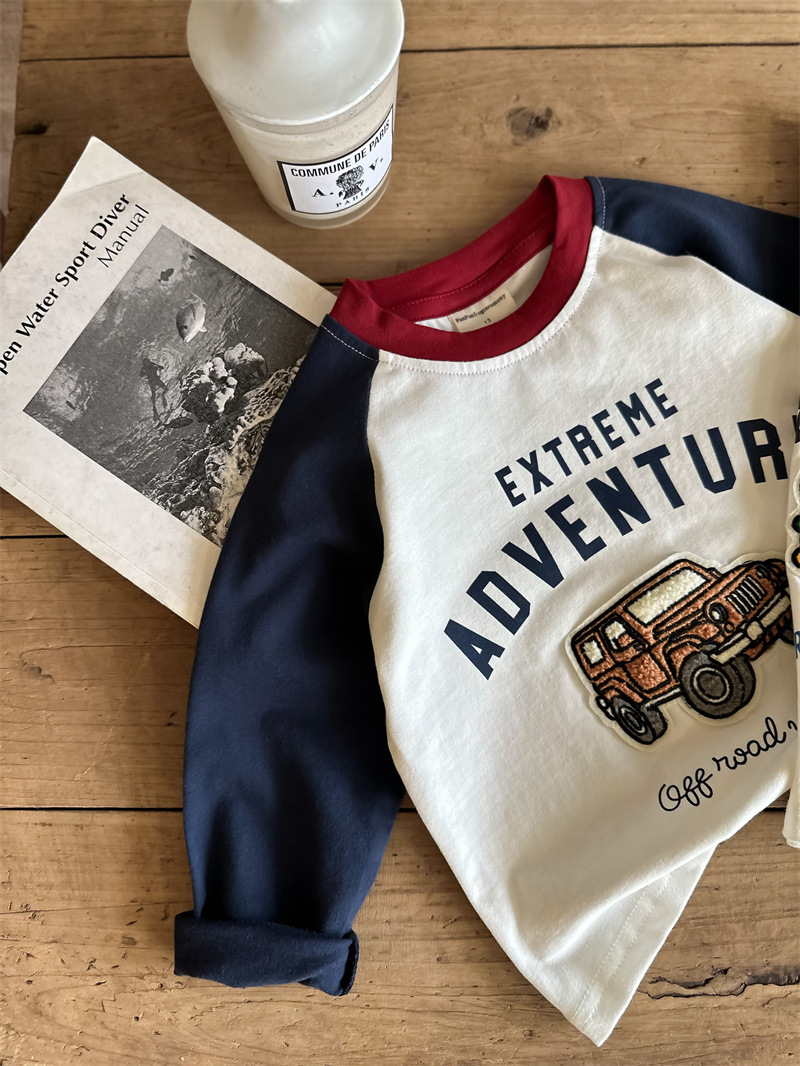 儿童T恤2025春秋款男童卡通全棉T男女童洋气拼色插肩袖打底衫批发详情17