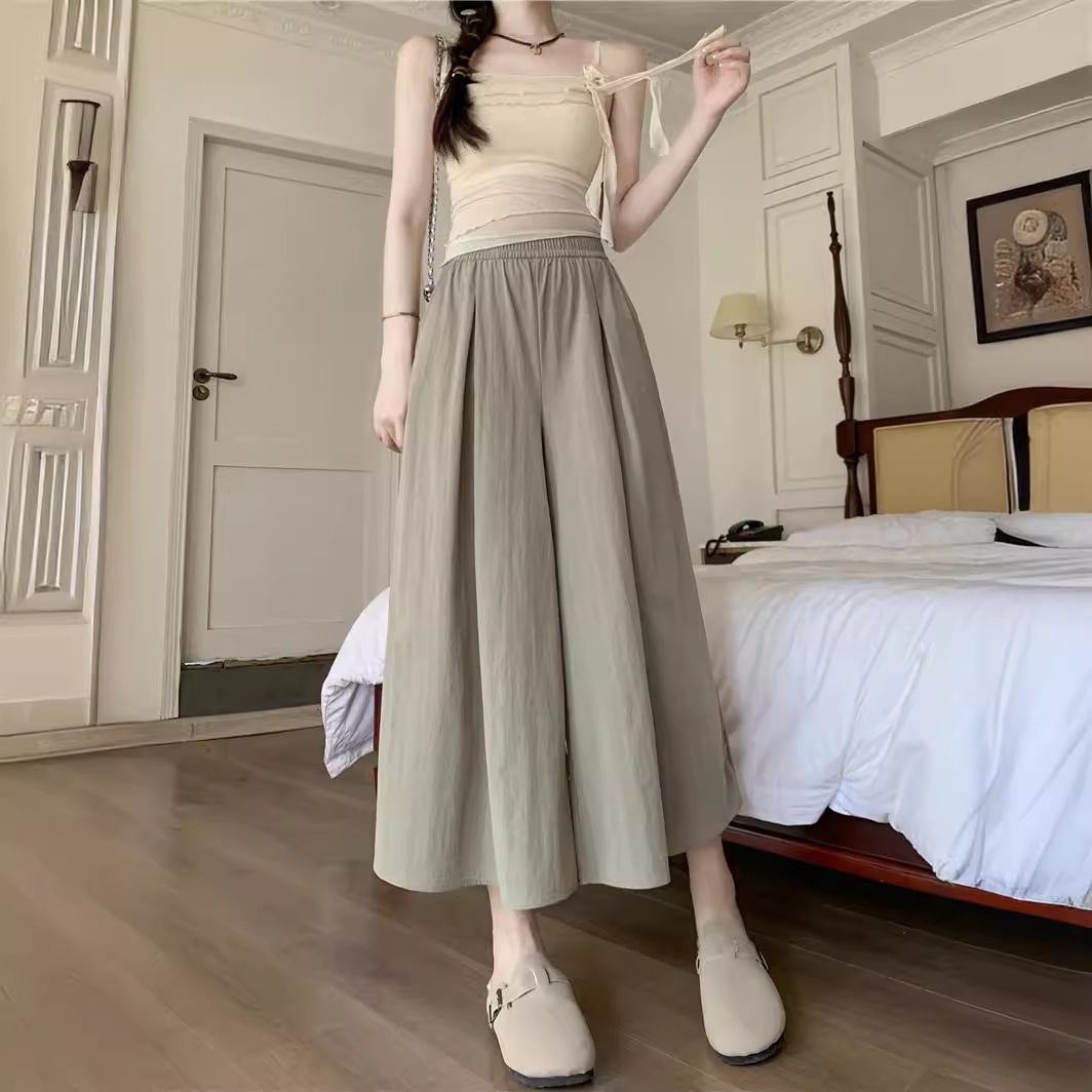 灰色冰丝裙裤女夏季2024新款高腰显瘦垂感宽松休闲慵懒阔腿八分裤