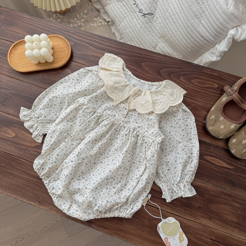 Baby lace collar one-piece dress for spring and autumn, Korean floral long-sleeved cover dress, crawling suit, baby's one-piece dress for going out details Picture
