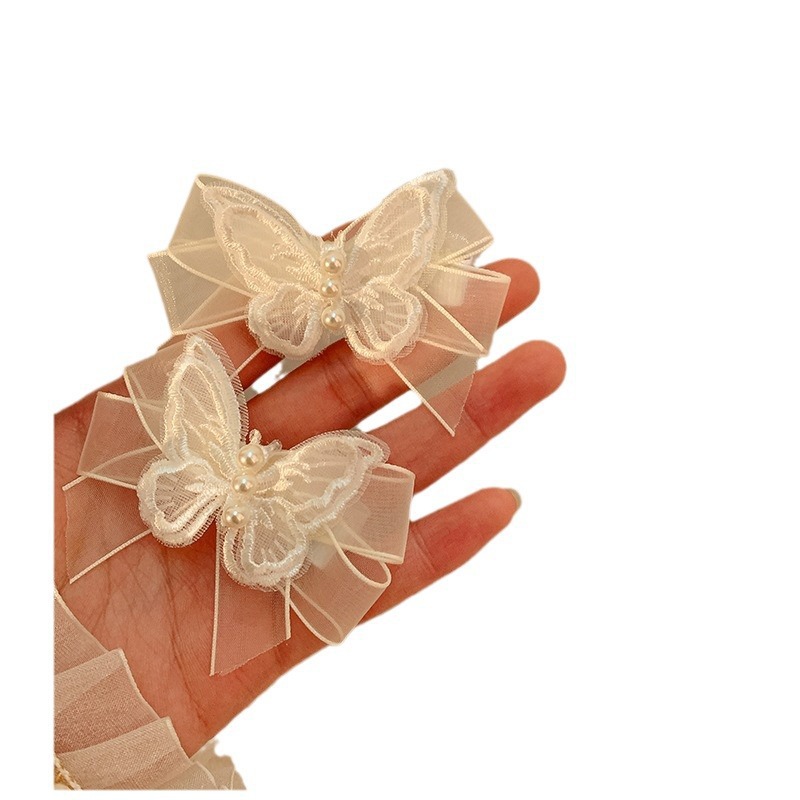 Super Fairy White Gauze Butterfly Pearl Hairpin Female Mori Tie Fairy Beauty Bow Small Hairpin Side Braided Headpiece Item Picture