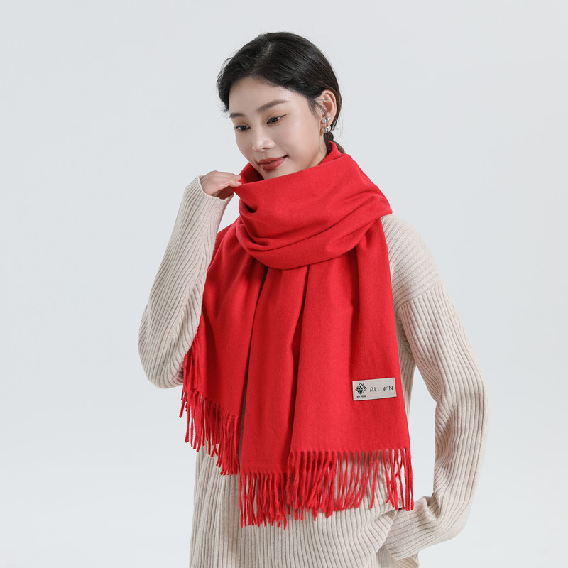 Woolen Scarf Female Autumn Winter Thickened Red Cashmere Scarf Solid Color All-In-One Shawl Red Scarf Wholesale details Picture