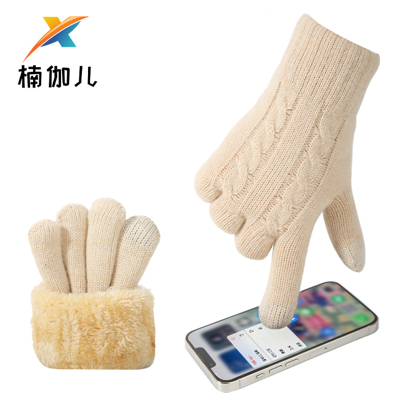 跨境新款女款针织手套冬季双层加绒加厚保暖防寒时尚纯色触屏手套