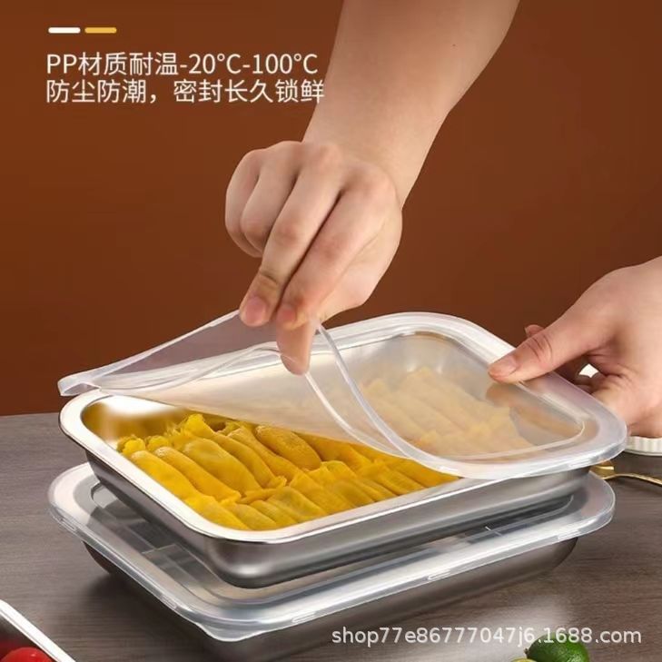 304 Stainless Steel Square Tray With Cover Tray Dish Plate Dish Barbecue Plate Rectangular Plate Crisper Box Storage details Picture
