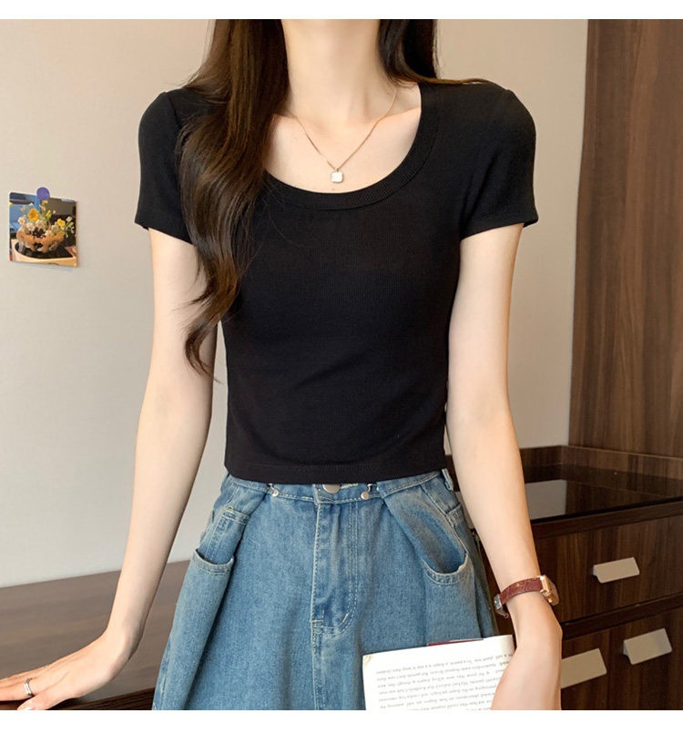 韩系灰色正肩短袖t恤女2026夏季新款爆款修身显瘦小个子短款上衣详情14