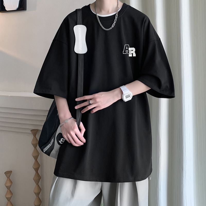 Hong Kong style 230g heavy-duty short-sleeved T-shirt for men, large half-sleeved and half-cut sleeves, versatile for men, loose printed ins round neck Item Picture