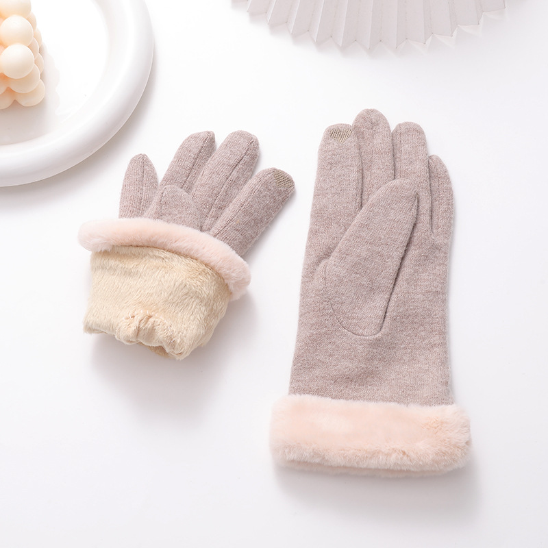 Wool Gloves Autumn And Winter Women's Touch Screen Plus Fleece Thickened Windproof And Cold-Proof Cycling Warm Gloves Students' Five-Finger Gloves details Picture