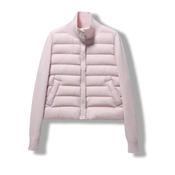 Light and thin rib down jacket for women, 2025 new style knitted stand-up collar patchwork autumn and winter 90 white duck down warm coat Item Picture