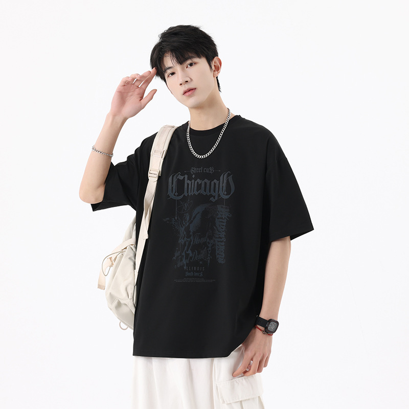 American street creative letter-printed short-sleeved T-shirt, men's summer Instagram trendy brand casual loose five-and-a-half-sleeved top details Picture