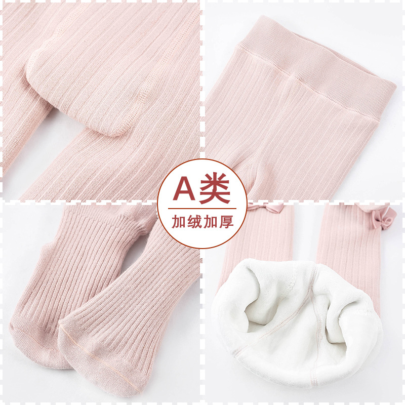 Big Pp Baby Children Autumn And Winter Vertical Stripes With Fleece Thickened Bow Leggings Girls Pantyhose With Stopper Pants Application Scenario