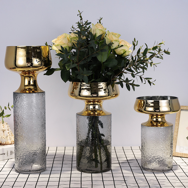 Nordic relief electric gold-plated glass vase smoke gray open hydroponic plant vase living room flower decoration