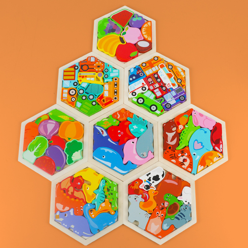 Hexagonal jigsaw puzzle made of wood Specification image