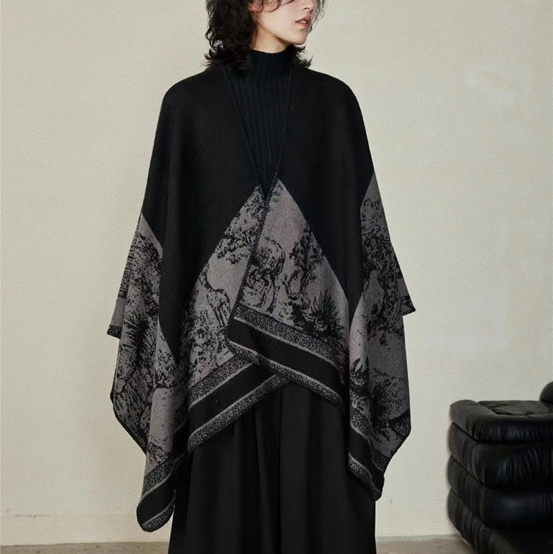 Simple 2024 Niche Imitation Cashmere Dark Split Cape Autumn Winter Warm Men And Women Double-Sided National Wind Shawls Scarf Application Scenario