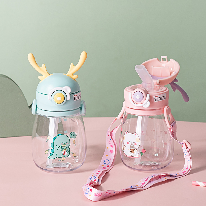 Eben Children's Student Water Cup With Straw Cute Dragon Baby Plastic Cup With Scale Portable Cartoon Kettle Specification drawing