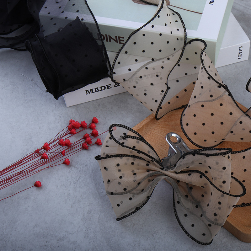 In stock: 6cm sesame-dot organza hair accessory, bow accessory, overlock fishtail yarn lotus leaf ribbon details Picture