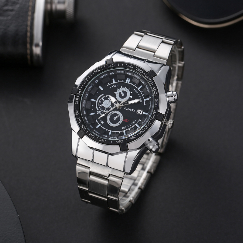 2024 New Cross-Border Hot Men's Steel Band Set Watch Fashion Three Eyes Calendar Men's Watch 3Pcs Quartz Watch Gift Box Set Item Picture