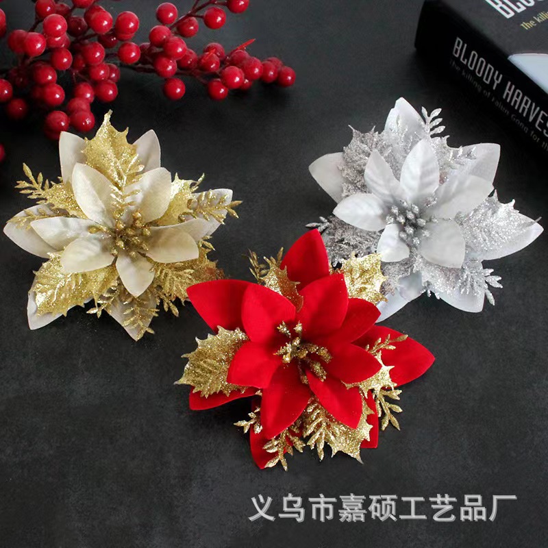 Christmas Flower Gold And Silver Red Three Layer Plastic Flower Powder Three-Dimensional Christmas Flower High-Grade Christmas Flower Source Manufacturers Wholesale Specification drawing
