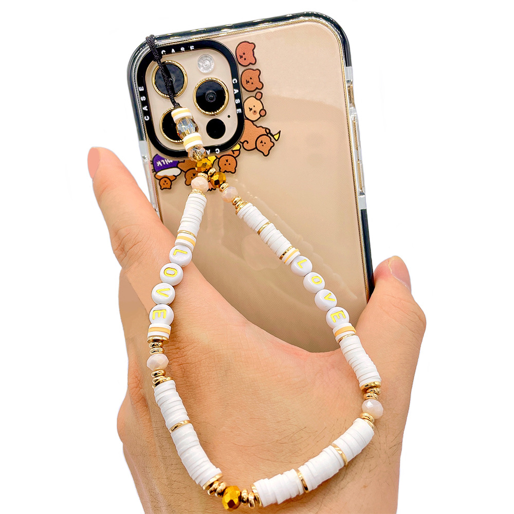 European and American ins same style mobile phone chain couple letter LOVE soft clay mobile phone pendant, beaded mobile phone lanyard pendant for women