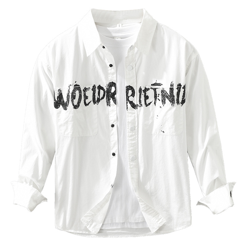 7319 Japanese streetwear men's long-sleeved shirt, casual and versatile for young people, artistic and loose printed top, one-piece consignment Item Picture