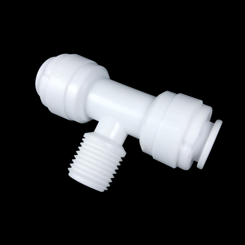 Three-way water purifier quick connector accessory: three-way pipe to two-way positive thread. 3 points quick connection to middle 2 points external thread details Picture