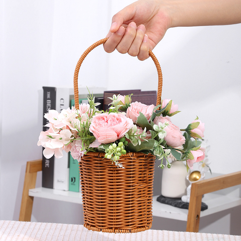 Cross-Border Supply Of Rubber Band Imitation Rattan Flower Basket Props Hand-Woven Rattan Basket Flower Arrangement Application Scenario