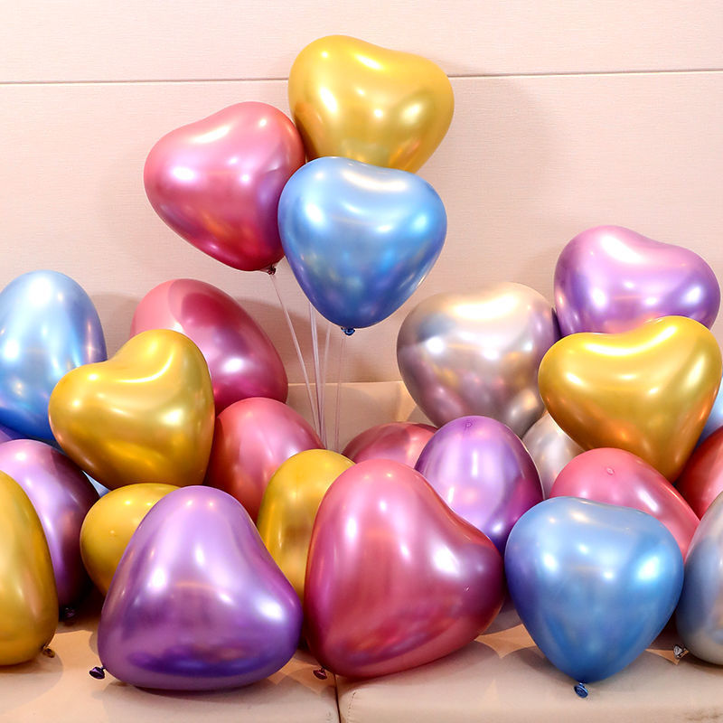 跨境金属气球心形乳胶加厚爱心铬色气球情人节表白求婚气球批发