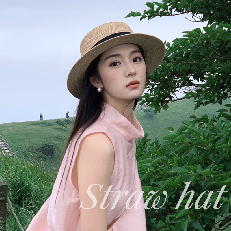 2025 French flat-topped straw hat for women, large-sized knitted top hat with a flat brim and a seaside beach vacation details Picture