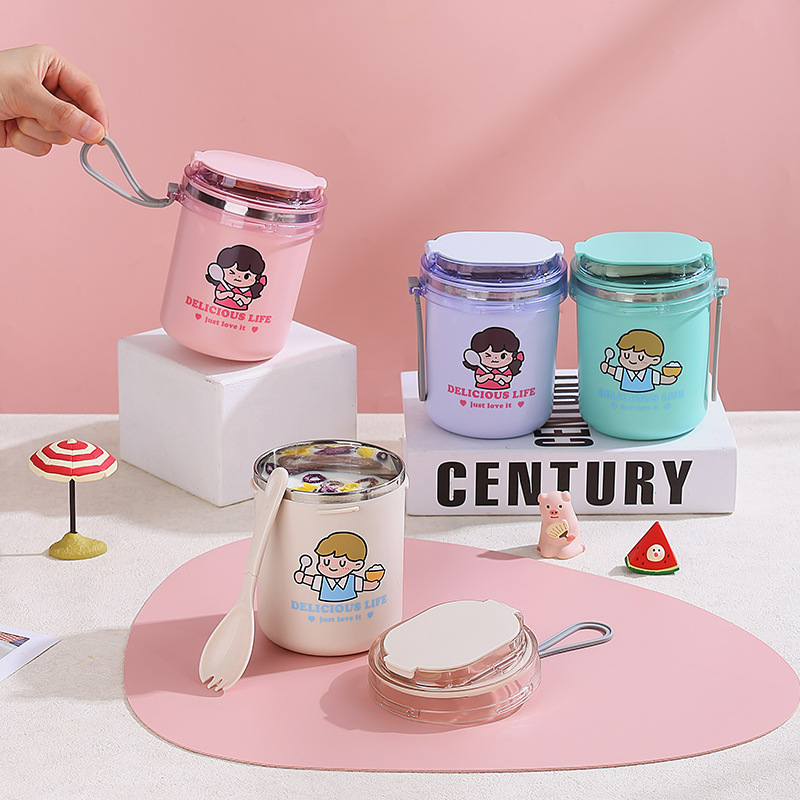 Student portable stainless steel soup cups, cartoon breakfast cups, milk and oatmeal cups, office workers' hand-held lunch nutritious soup cups details Picture