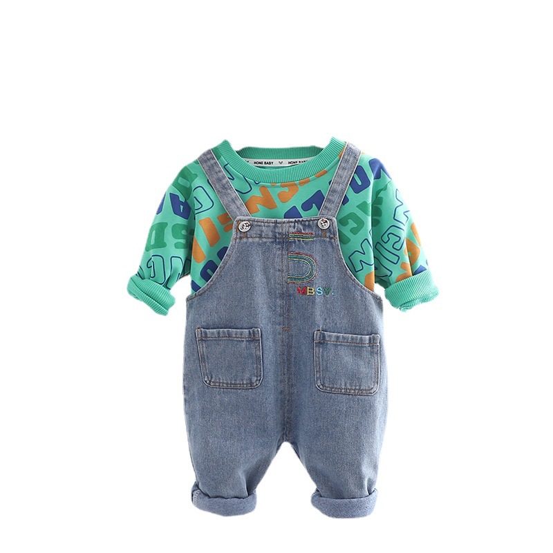 Children's clothing 2022 Autumn New Children's hoodie, denim overalls, two-piece set, boys' set, autumn baby autumn wear Item Picture