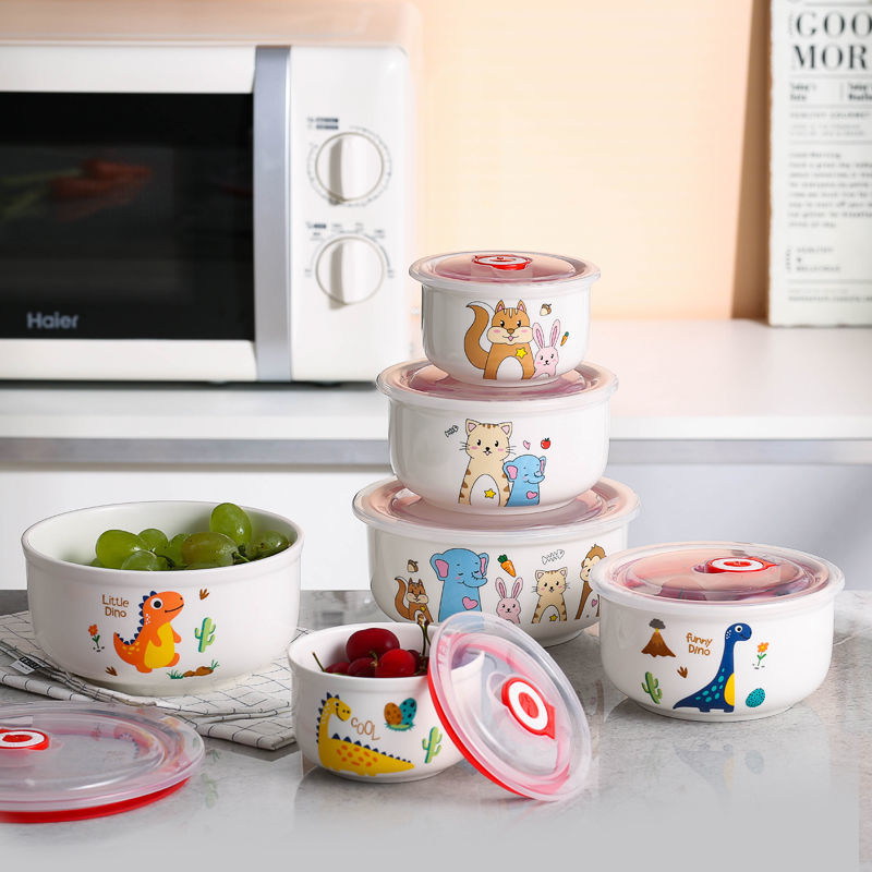 Fresh-Keeping Bowl Three-Piece Ceramic Sealed Box With Lid Microwave Lunch Box Instant Noodle Bowl Bento Box For Office Workers details Picture