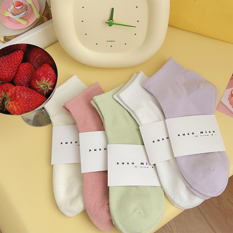 All-cotton short socks, solid-color socks, pure cotton short socks for women, student sports and casual, dopamine trendy socks, candy-colored boat socks Specification image