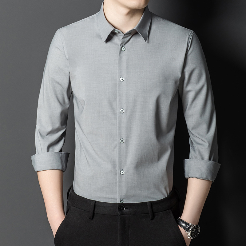Non-ironing men's bamboo fiber long-sleeved solid color stretch business casual men's 2023 new style versatile shirt details Picture