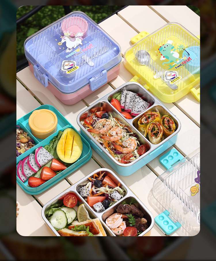 Cartoon 304 stainless steel student lunch box, simple and light food lunch box, compartments lunch box, portable hand-held lunch box, insulated lunch box pic 13