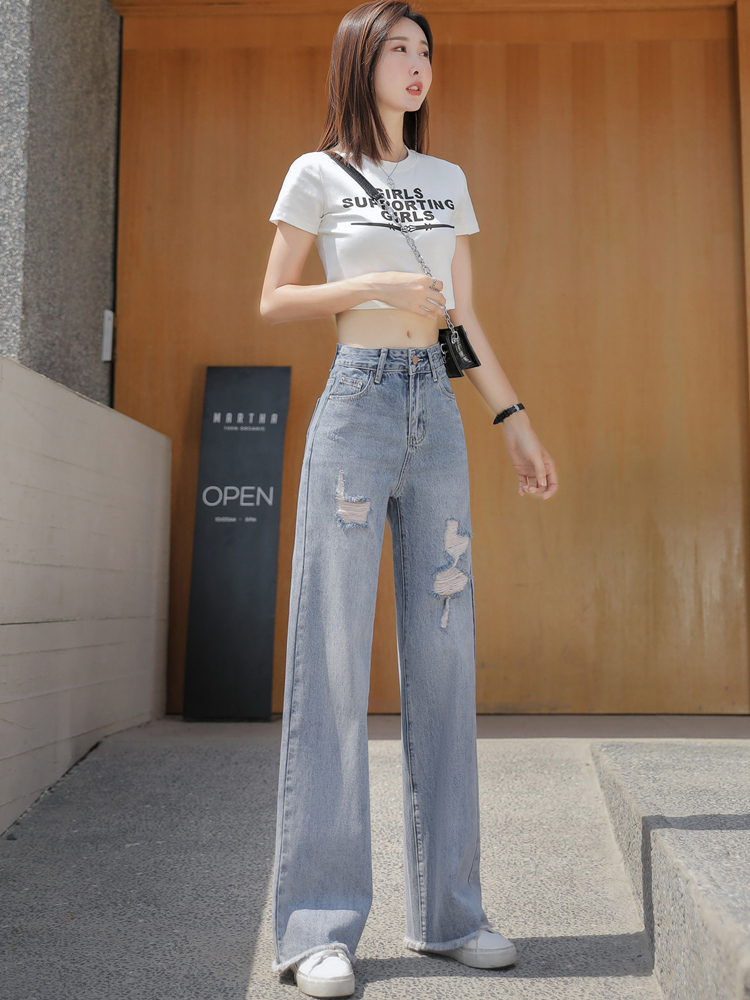 Ripped jeans for women, high-waisted and slimming 2021 summer new loose, straight-leg, drape, retro wide-leg, thin style details Picture