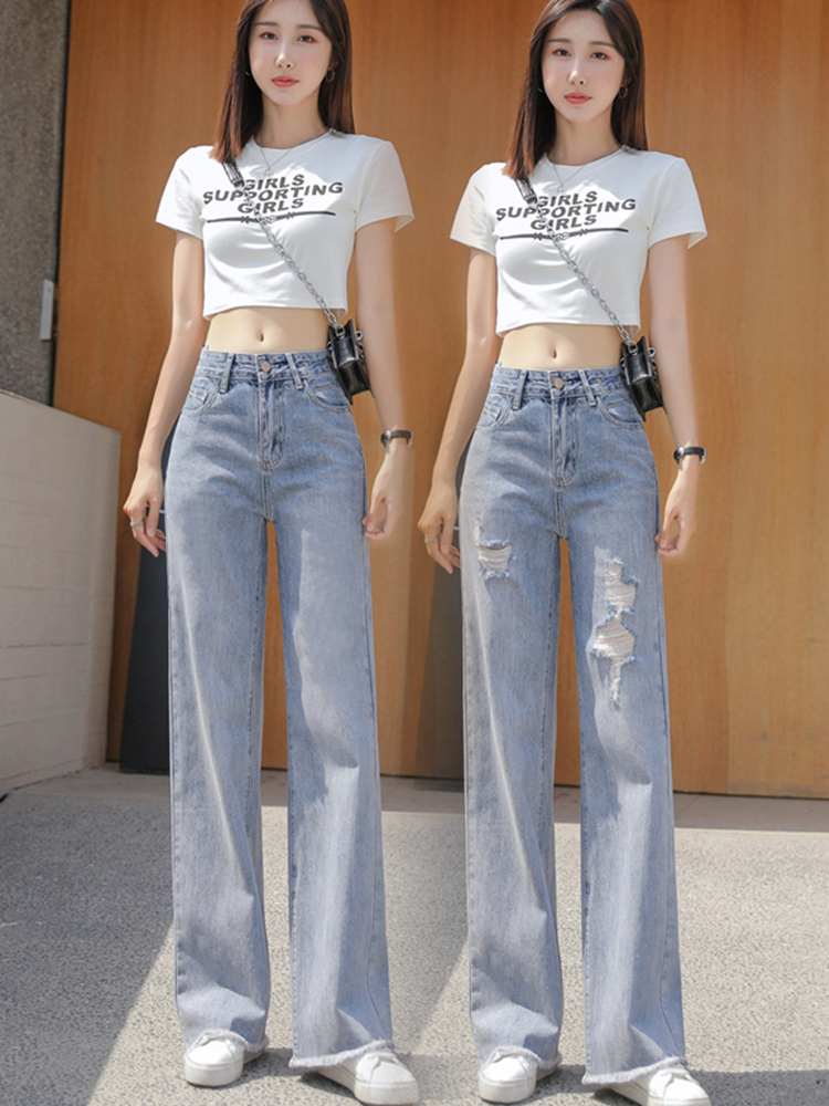 Ripped jeans for women, high-waisted and slimming 2021 summer new loose, straight-leg, drape, retro wide-leg, thin style Specification image