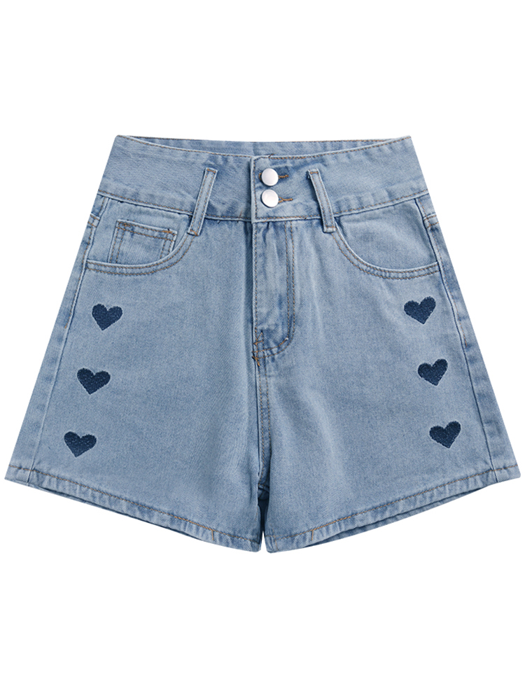 Heart-shaped embroidered denim shorts for women, summer thin, sweet and spicy A-line hot pants, high-waisted and slimming straight-leg wide-leg pants Item Picture