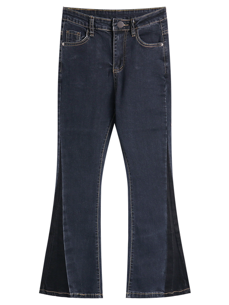 Women's summer thin denim pants 2022 new style, unique design, color-blocked high-waisted, slimming, slightly flared nine-inch pants Item Picture