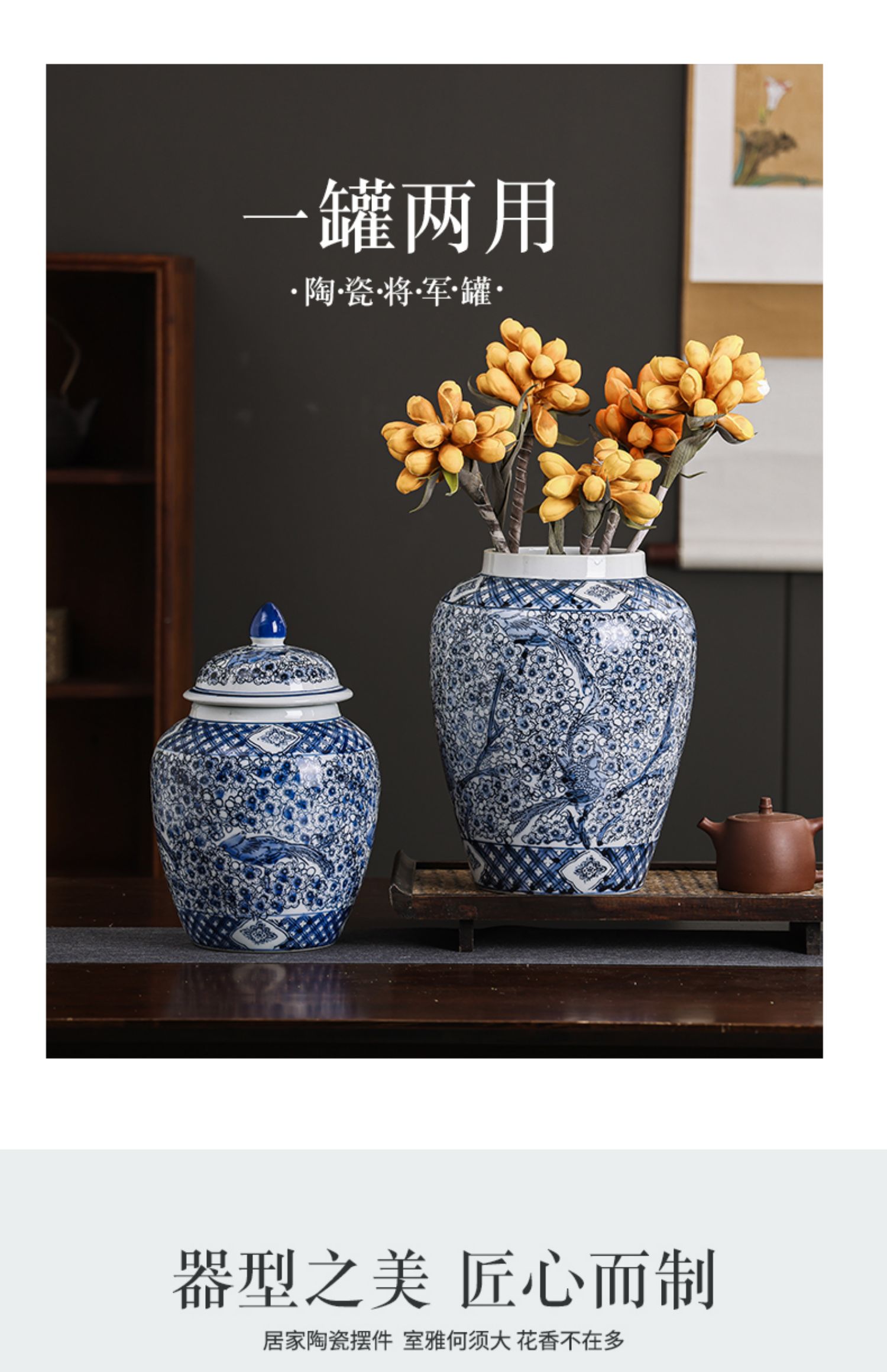 Ceramic blue and white porcelain vases, blue and white porcelain vase ornaments, home living room flower arrangement, TV cabinet decoration and arrangement pic 29