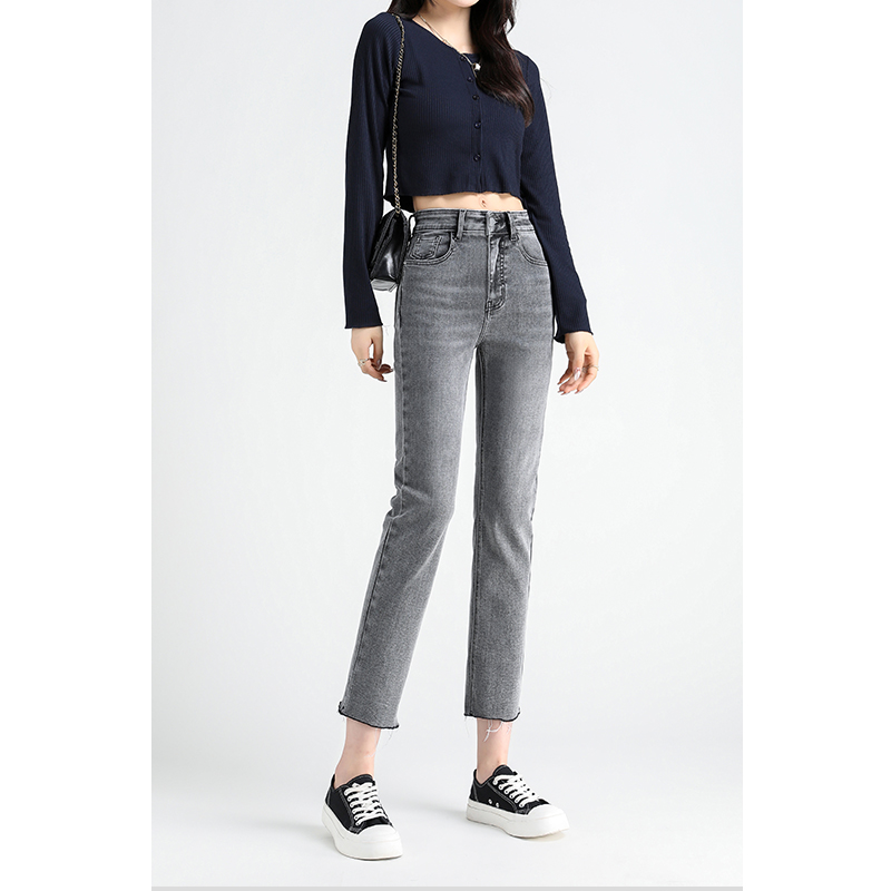 Smoke-gray straight-leg jeans for women, high-waisted 2022 summer new style, fringed nine-inch pants, slimming stretch cigarette tube pants