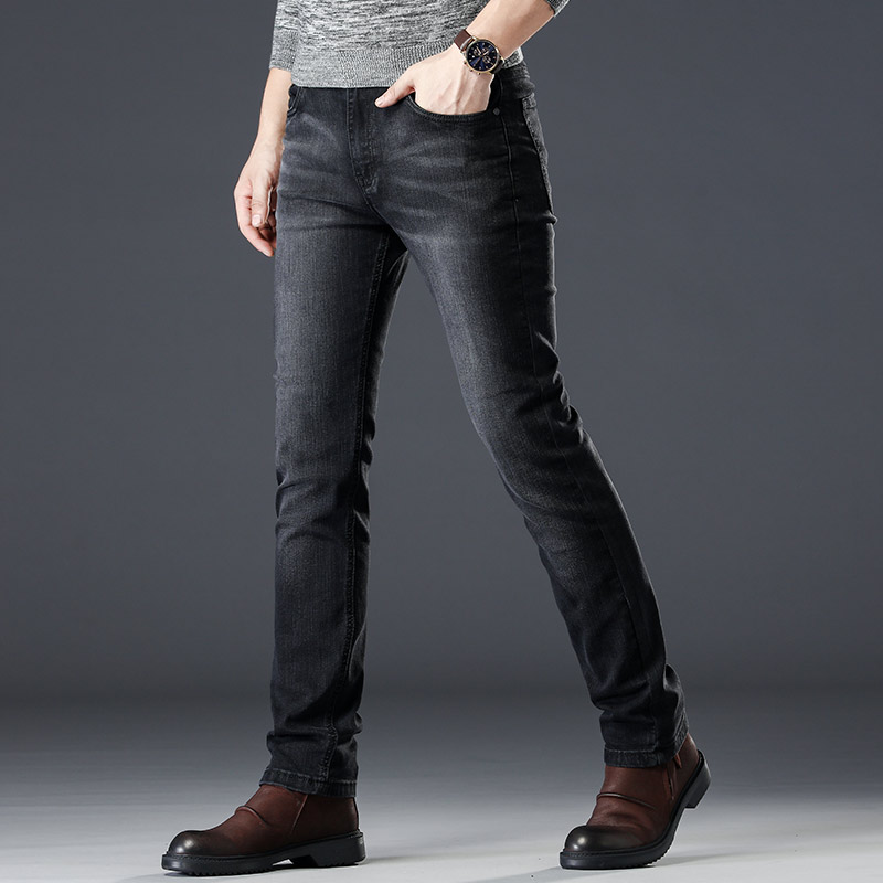 Summer thin men's black slim-fit jeans, men's straight-leg washable men's summer stretch casual men's trousers