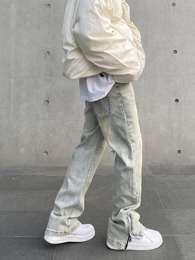 American high street vibe retro washed and aged yellow mud-dyed zipper split jeans, men's straight-leg slightly flared long pants details Picture