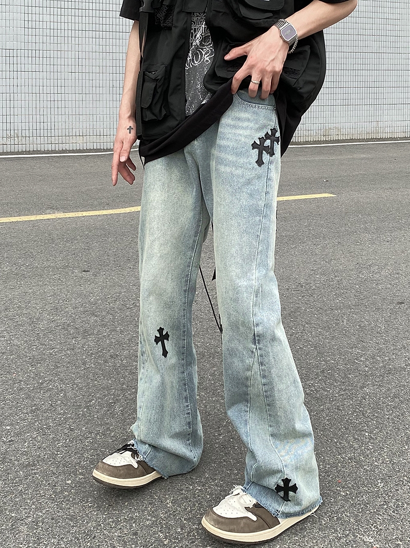 European and American high street CH Crook cross jeans for men, American hip-hop vibe street loose straight flared pants