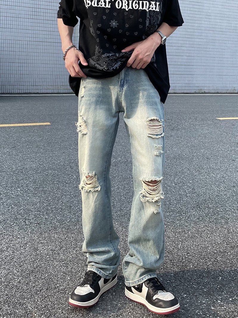 American high street washed, distressed and ripped jeans for men, ins, European and American trendy brand vibe loose straight-leg trousers details Picture