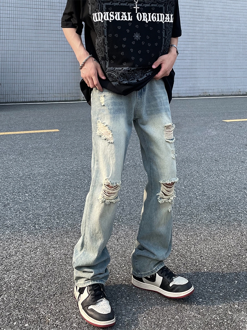 美式高街水洗做旧割破洞牛仔裤男ins欧美潮牌vibe风宽松直筒长裤