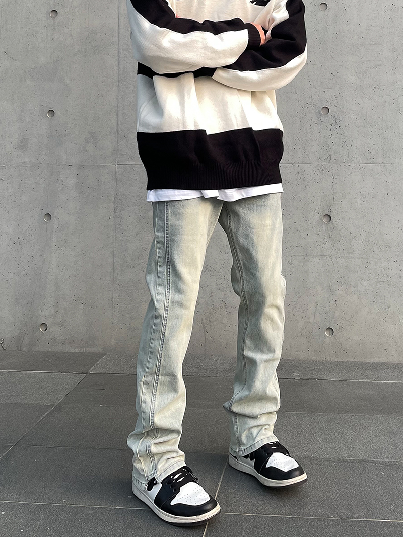 American high street yellow mud-dyed washed distressed jeans, men's ins trendy brand slimming straight-leg slightly flared flared slimming long pants