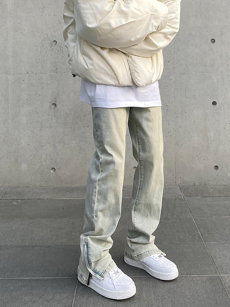 American high street vibe retro washed and aged yellow mud-dyed zipper split jeans, men's straight-leg slightly flared long pants