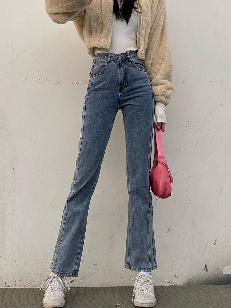 侧骨压条高腰直筒裤女式牛仔裤长裤辣妹经典显高显瘦水洗潮流浅色