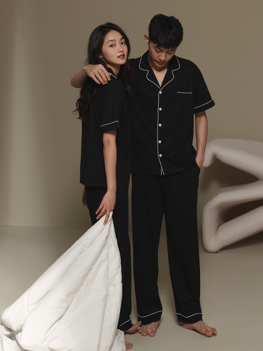 2022 New couple pajamas for men and women summer short-sleeved shirts and long pants, thin and high-end Muji style home wear sets details Picture