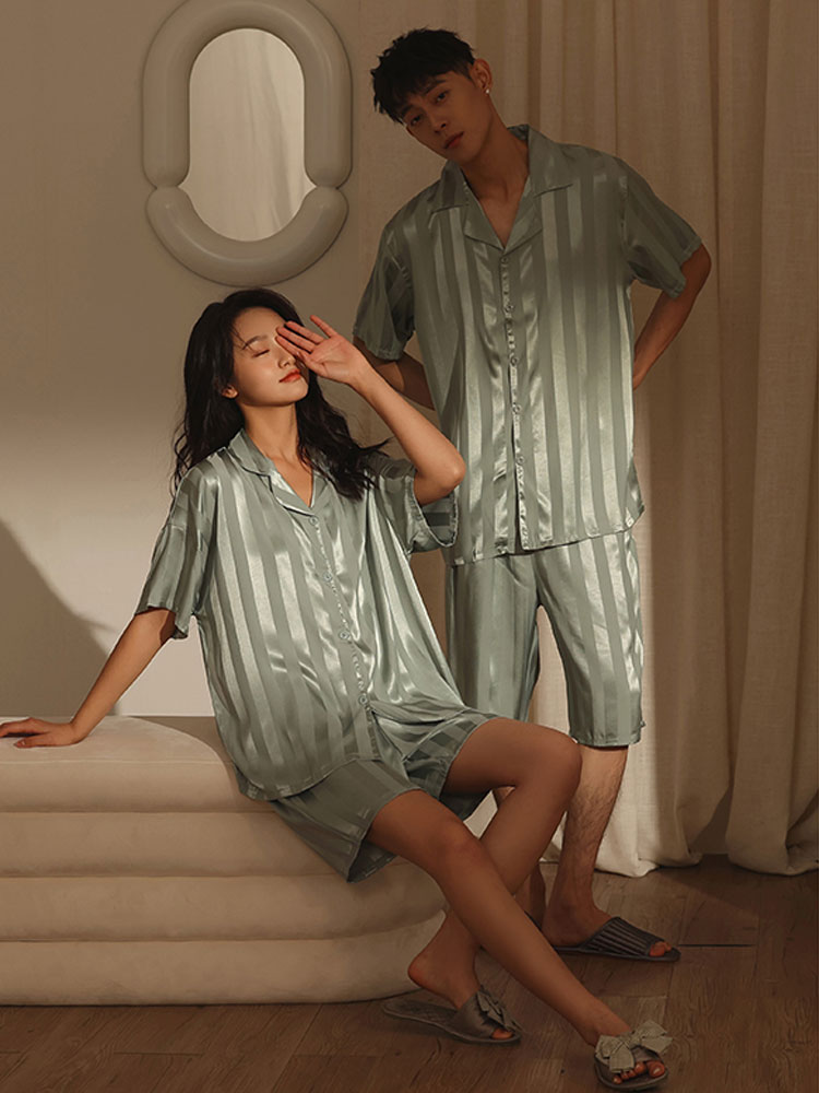 2022 New couple pajamas for men and women, thin short-sleeved striped ice silk satin high-end home wear set Application Scenario