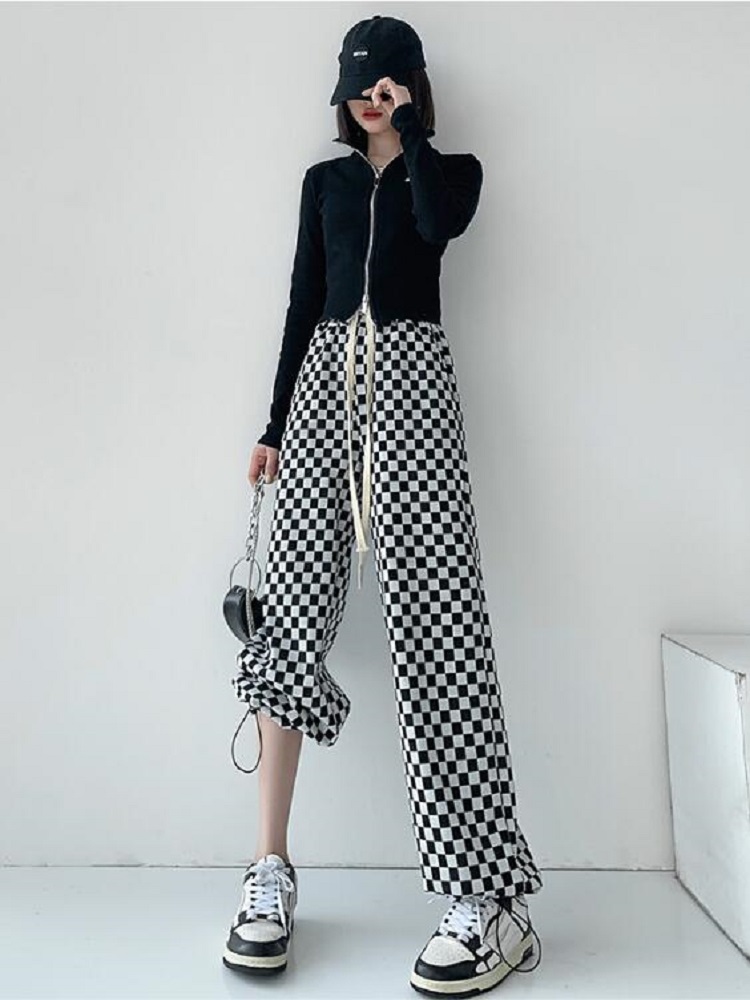 Korean checkered sportswear pants for women 2022 new style loose straight-leg pants, high-waisted slimming, drawstring wide-leg pants Specification image