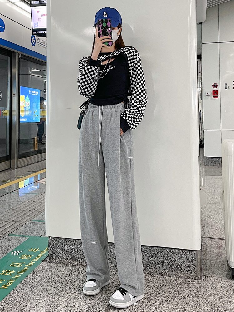 High-waisted grey sport pants for women, 2022 summer new style loose straight-leg running wide-leg pants, petite sweatpants details Picture